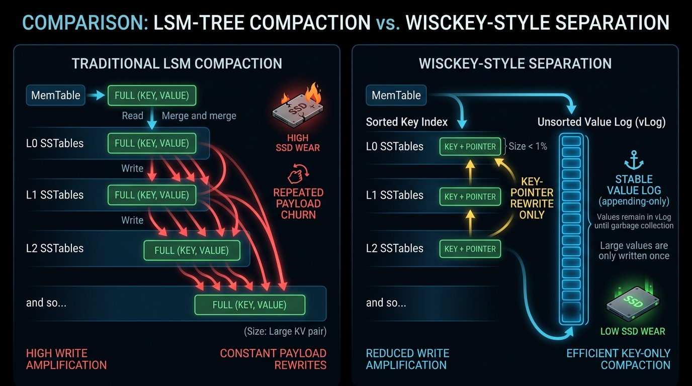 AccretionDB problem — write amplification in traditional LSM vs WiscKey