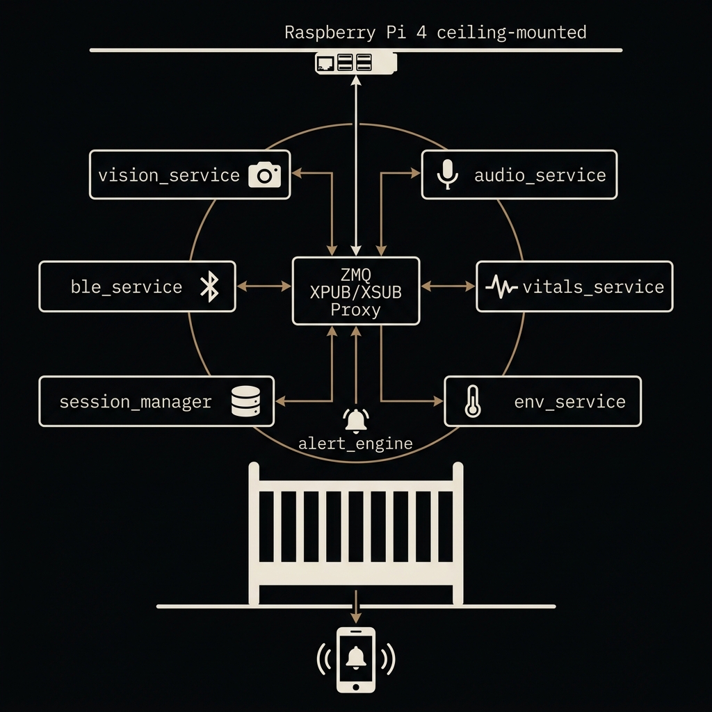 Noctivana full system overview — edge stack, alert path, and mobile app