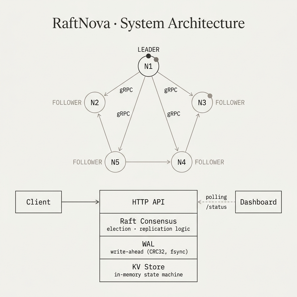 RaftNova system architecture — 5-node Raft cluster with gRPC replication, WAL, and KV store