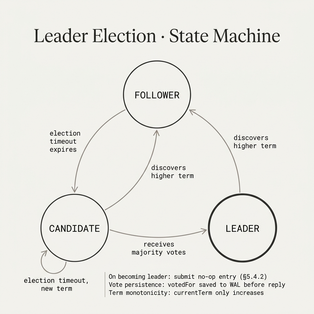 RaftNova leader election state machine — Follower, Candidate, Leader transitions