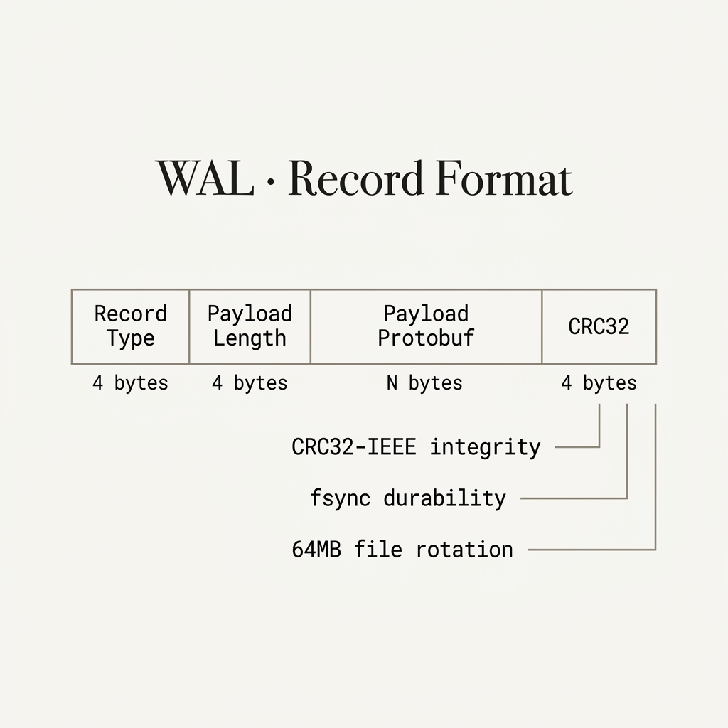RaftNova WAL record binary format — RecordType, PayloadLength, Protobuf payload, CRC32