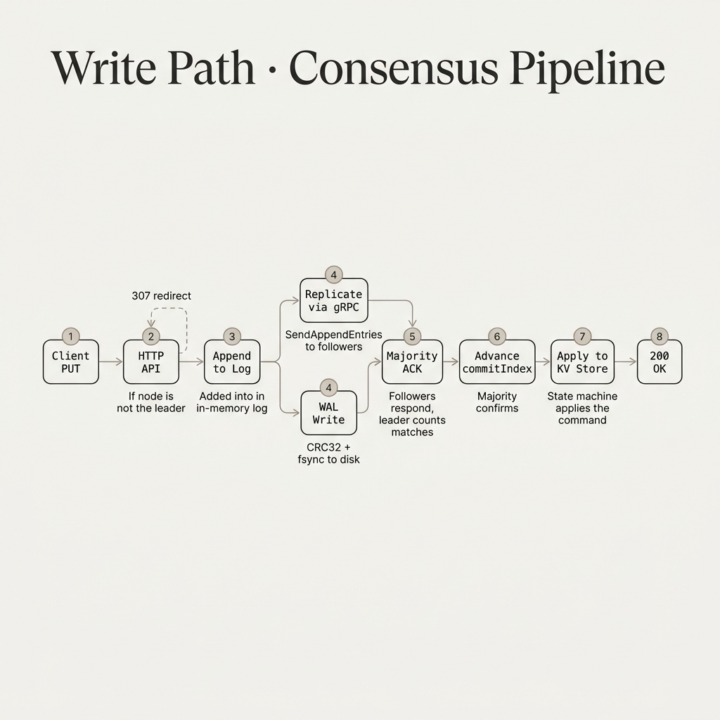 RaftNova write path — 8-step consensus pipeline from Client PUT to 200 OK